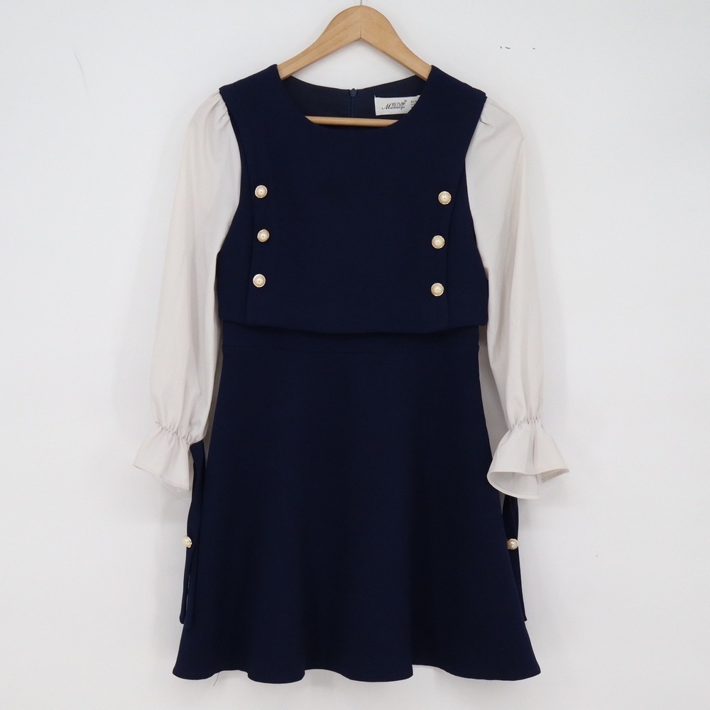 Munaiyi Dress Womens S Navy Blue White Faux Pearl Button Mini Excellent